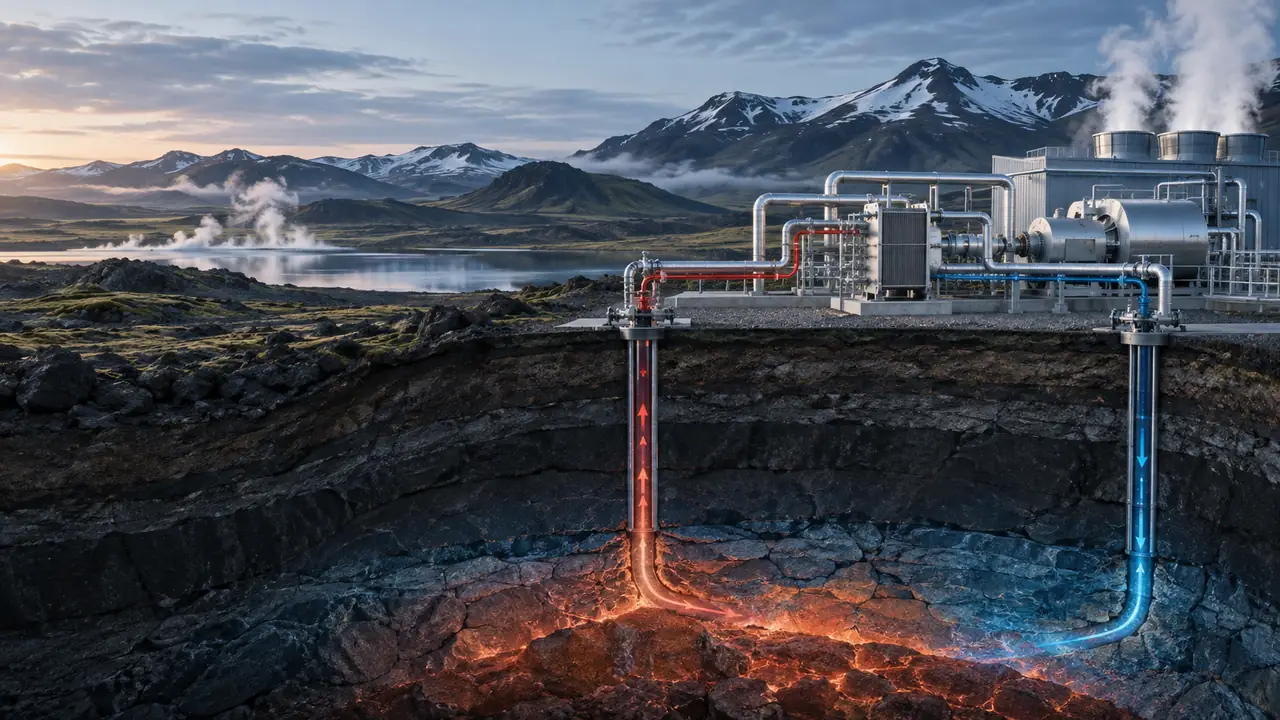 Technical visualization of a geothermal power plant and closed-loop wells