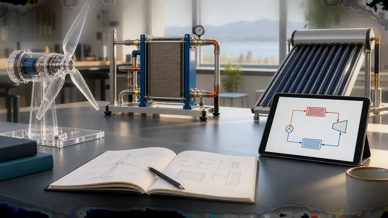 Renewable-energy teaching laboratory with turbine, heat exchanger, solar collector, and thermodynamic cycle