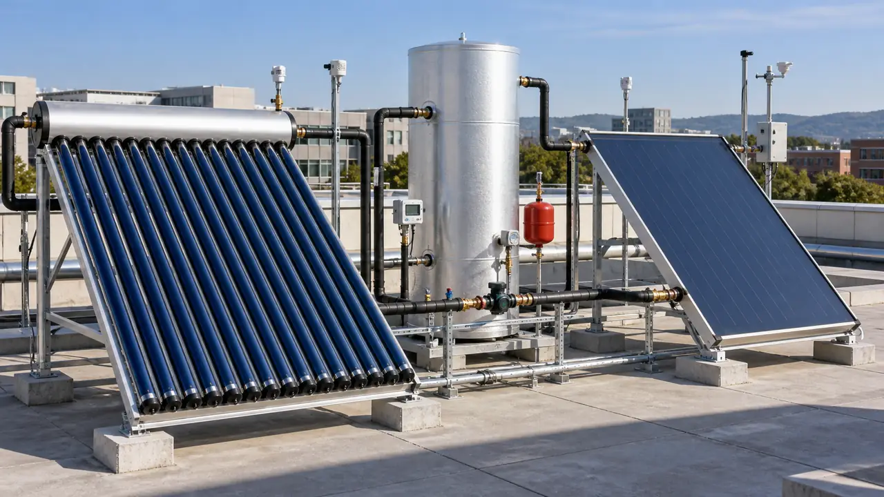 Solar water-heating research system with collectors, storage, and instruments